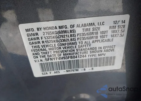 2015 Honda Pilot Touring z USA, uszkodzony, nr VIN 5FNYF4H93FB041244